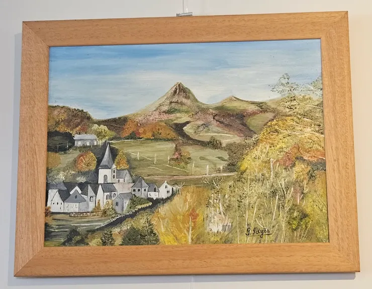 Tableau : village d'Auvergne au pied d'un puy, aux couleurs d'automne